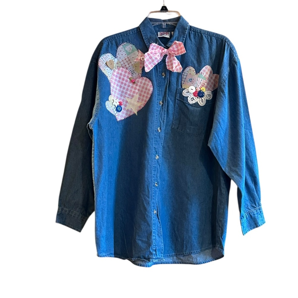 Vtg Western Country 90s Patchwork Denim Top Appliqué Hearts Buttons Lace Large